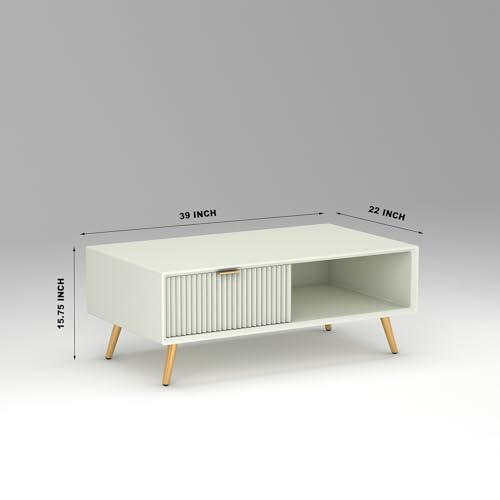 Image of ONIJA Modern Coffee Table for Living Room | HDMR Premium Wood Center Table with Storage Shelf | Matte Finish Coffee Table | Wooden Tea Table with Sturdy Legs (White)