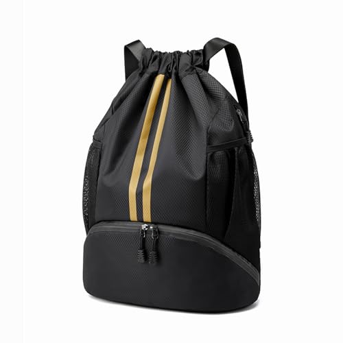 Hoedia Sports Drawstring Backpack - String Swim Gym Bag with Shoes Compartment and Wet Proof Pocket for Women&Men, Black Gold