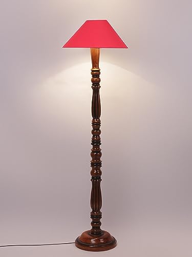 Image of Red Coolie Cotton Floor Lamp with Wooden Base - Height 53 Inches | Modern Standing Lamp for Living Room, Bedroom & Office | Stylish Home Decor Lighting & Decorative