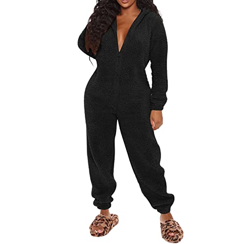 Generisch Mono para mujer de forro polar de una pieza con capucha, mono de invierno de un solo color, cálido y cómodo, pijama térmico, suave, de peluche, divertido disfraz de animal, Negro , S