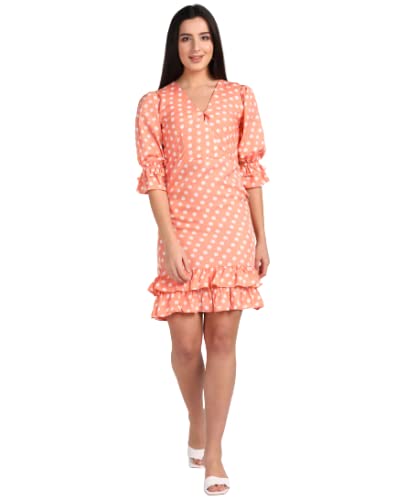 Image of Vahson Bottom 2 Layer Flared Balloon Sleeve V-Neck Dot Printed Short Knee Length Dress for Girls /Women