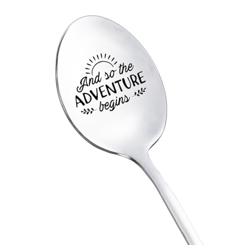 and So The Adventure Begins Spoon for Women Men Moving Going Away Gift for Coworker Friend Goodbye Leaving Gifts for Colleagues Friend Graduation New Job Gifts Engraved Spoons