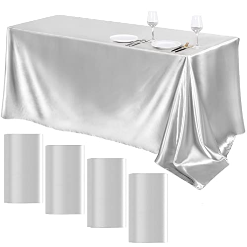 Image of TURSTIN 4 Pack Silver Satin Tablecloth 102 x 58 Inch Overlay Table Cover