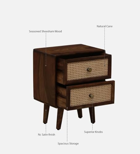 Image of MISAN Boston Solid Wood Bedside Table with Rattan Drawers Mid Century Night Stand for Living Room, Bedroom (SA - Brown)