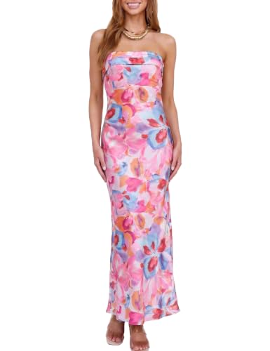 Image of Realtix Summer Satin Strapless Backless Maxi Dress for Women Wedding Guest