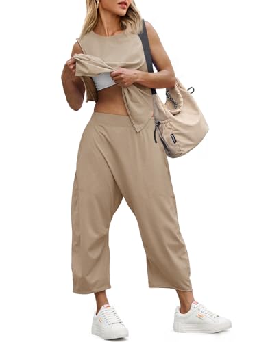 Fisoew Womens 2 Piece Sets Summer Outfits Sleeveless Wide Leg Tracksuits Casual Sweat Sets Lounge Sweatsuits