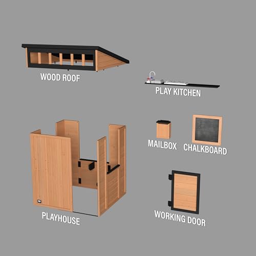 Backyard Discovery Caraway Cottage Cedar Wooden Kids Playhouse with Play Kitchen, Chalkboard, Mailbox, Half Door, Windows, Flower Box, Modern Farmhouse Design for Outdoor Imaginative Play - image 8
