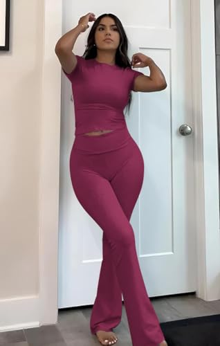 Image of ZFLM Casual Workout Two Piece Outfits for Women Short Sleeve Crop High Waist Foldover Flare Pants Tracksuit Sets Streetwear