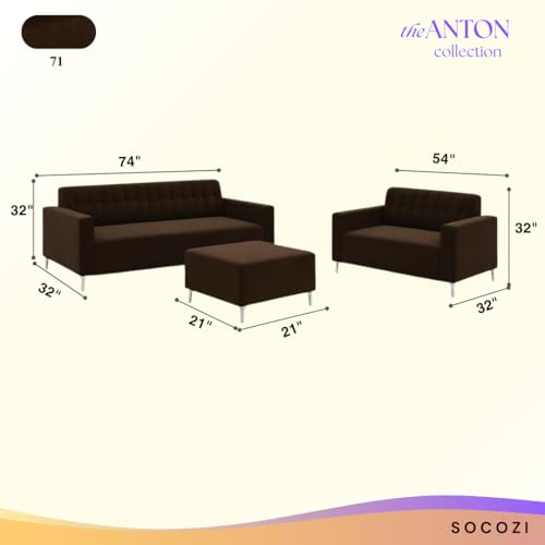 Image of SOCOZI Antonia 3+2 Seater Fabric Sofa Set with Ottoman | Soft Velvet Suede Upholstery | Modern Living Room Furniture (Dark Brown)