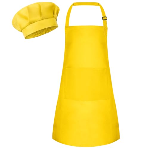 Bouiexye Juego de delantal y gorro de chef para niños, delantal ajustable con 2 bolsillos, pintura para cocinar, hornear, amarillo, 18 x 24 inches