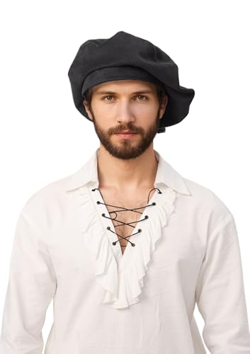 HidmFaw Renaissance Hat Men Medieval Beret Tudor Hat Ren Faire Muffin Cap Minstrel Costume Accessory (Black)