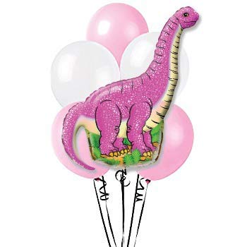 Dinosaur Balloons for Kids – 7-Pack 1-Dinosaur and 6 Pink and White 12inch Balloons Set for Birthday Party – Premium Quality Foil – Reusable – Vivid Colors and Funny Animal