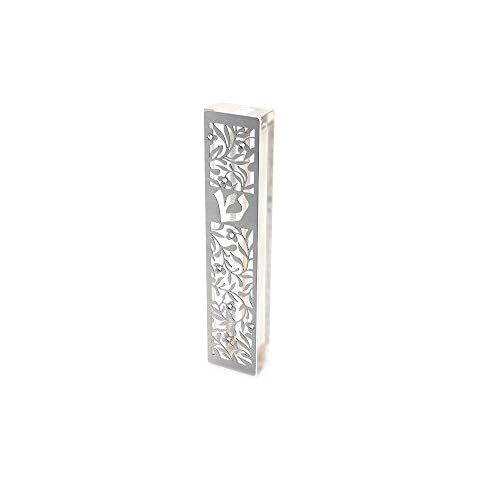 Dorit Judaica Acrylic Mezuzah Case with Laser-Cut Steel Leaves Design and Swarovski Crystals (MZN-8) Cover