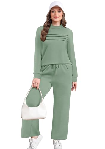 Image of WIHOLL Two Piece Sets for Women Fall Travel Vacation Outfits 2026 Long Sleeve Lounge Sets Side Slit Wide Leg Pants XS-3XL
