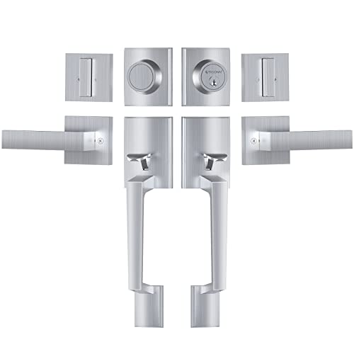 Image of TICONN Double Front Door Handle Set, Heavy Duty Square Door Lever and Single Cylinder Deadbolt Combo for Side by Side Entrance Exterior Doors (Satin Chrome)