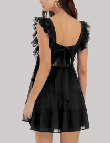 Women’s Summer Square Neck Tie Back Ruffle Sleeve Tiered Casual A-Line Short Mini Dress2