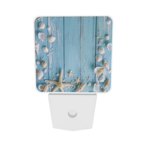 Image of Starfish Blue Board LED Plug-in Night Lamp 2 Piece Set, Auto Sensor Seashells Nightlights Set of 2 for Bedroom Bathroom Stairs