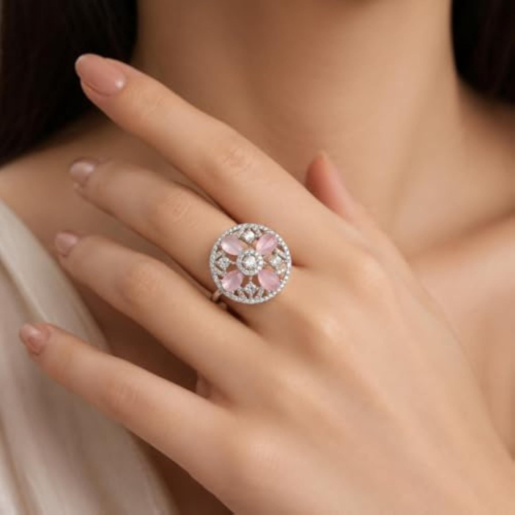 Women's Floral Rose Quartz Adjustable Ring, Elegant Design