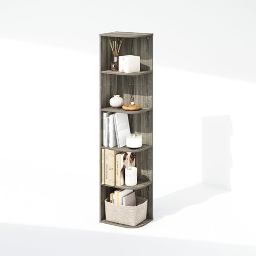 Image of Furinno Reed Corner Shelf, 5-Tier Corner Bookshelf, Book Shelf, Corner Shelves, Storage Rack, for Organization and Storage, Home Office, Living Room, French Oak