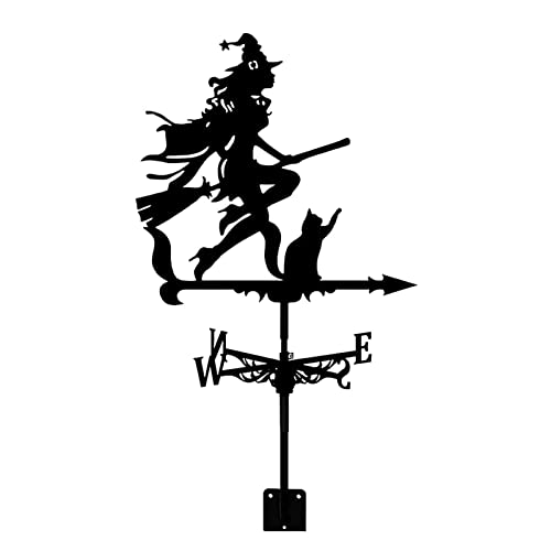 Veleta de viento de jardín, Negro, Tema de Halloween con silueta bruja y gato, Acero inoxidable, Hierro galvanizado