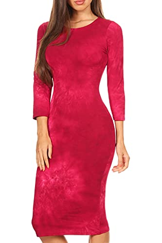 Image of ICONOFLASH Women's 3 /4 Sleeves Midi Bodycon Dress Crew Neck Fitted Dresses with Plus Size Options