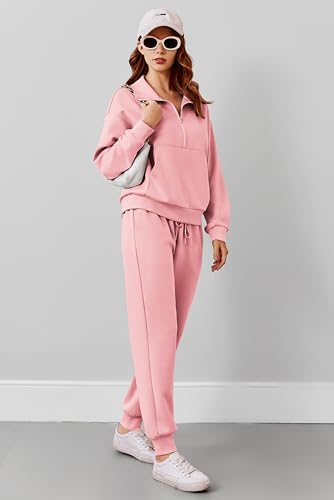 Image of PINSPARK 2 Piece Sets for Women Long Sleeve Half Zip Tracksuit Jogger Sets | 2026 Fall Travel Outfits Lounge Set, Lightweight Soft Air Layer Fabric, Kangaroo Pocket Sweatshirt, Drawstring Joggers Pants