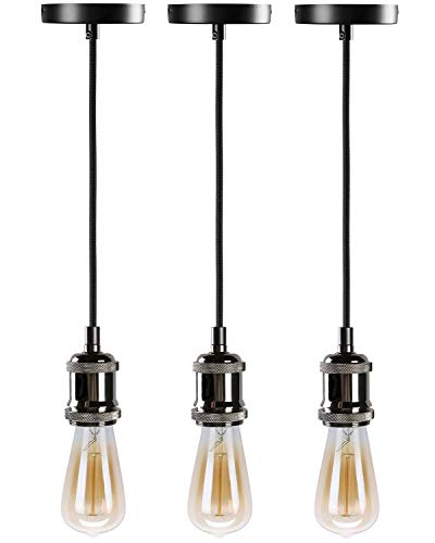 HXMLS Pendant Light Socket,Vintage Hanging Light Kit,Adjustable E26 E27 Fabric Pendant Light Cord Socket Lamp for Kitchen Bedroom 3 Pack