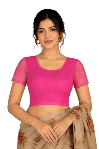 Image of Abhi Cotton Readymade Saree Blouse for Women- Half Net Sleeves, Round Neck, Regular-fit, Stretchable, Pull-on Style Blouse