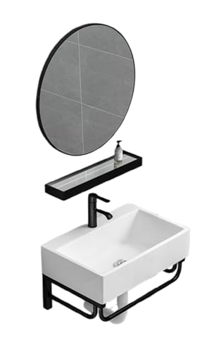 BQQB 洗面ボウルセット 混合水栓セット 陶器 壁掛け 手洗い水栓 ボウル 「壁付けタイプ」 洗面鉢 手洗い器 手洗いボウル 手洗台 壁付け型 浴室洗面台 手洗いボウル バルコニー トイレ キッチン 手洗器 (E,鏡付き)