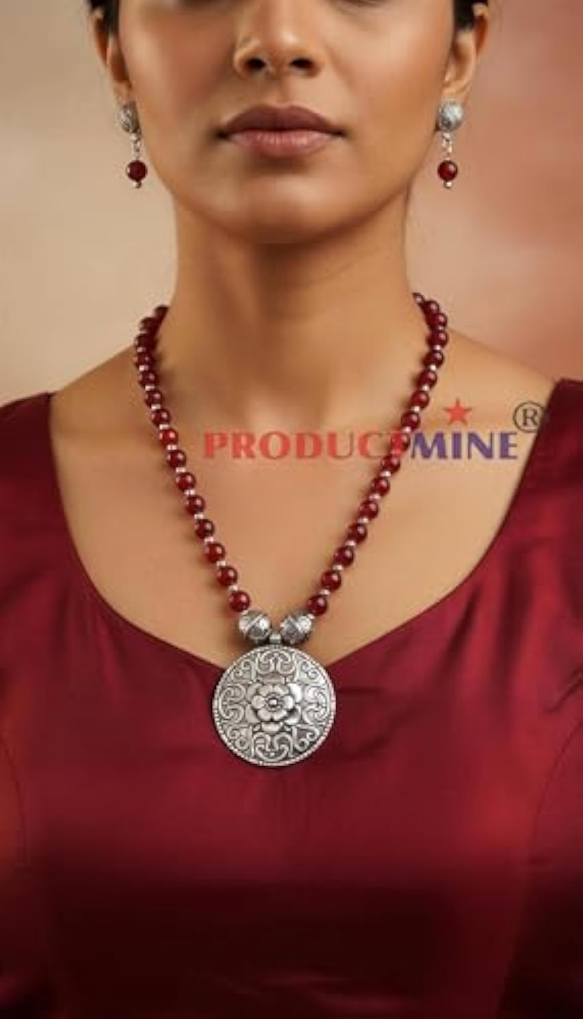 Women's Ethnic Big Pendant Artificial Oxidized Necklace Set, Maroon