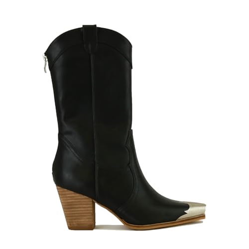 Western Metal Toe Boots for Women Cowgirl Boots Mid Calf Boots Stacked Heel Back Zipper Boots Cowboy Boots2