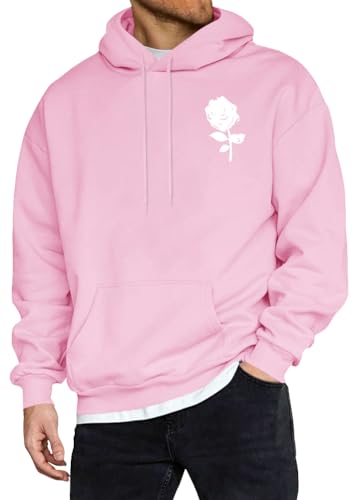 ORANDESIGNE Kapuzenpullover Herren Hoodie Männer Rose Drucken Sweatshirt Streetwear Sweatjacke Langarm Blumendruck Kapuzenpulli Herbst Winter Freizeit Pullover mit Kordelzug A Rosa XXL