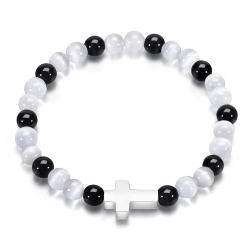 TempBeau Game Day Bracelet for Boys Girls, Black White Cat's Eye Beaded Stretch Cross Bracelet, Team Spirit Jewelry for Football Baseball Cheerleading - image 1