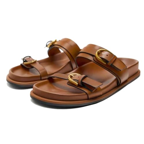 Women's Flat Sandals Open Toe Double Buckle Adjustable Slide Sandal Rubber Footbed Summer Comfort Slippers