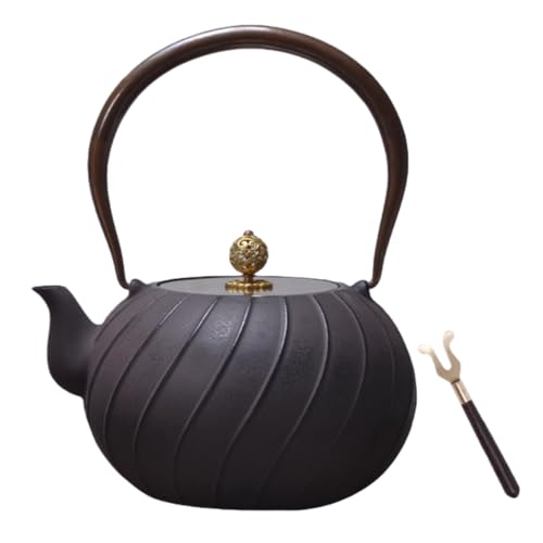 Rhljgbs 鉄やかん 鉄瓶 南部鉄器 鉄器 やかん 鉄びん 直火可 ih対応 IH調理器対応 鉄分補給 鋳鉄 鋳物 茶道道具 鉄瓶兼用 急須 小丁壺 茶器囲炉で煮るための鉄製茶壺 家庭用の古い鉄壺 茶壺 功夫茶器 耐久性 (道文鉢-1200ml,ブラッ