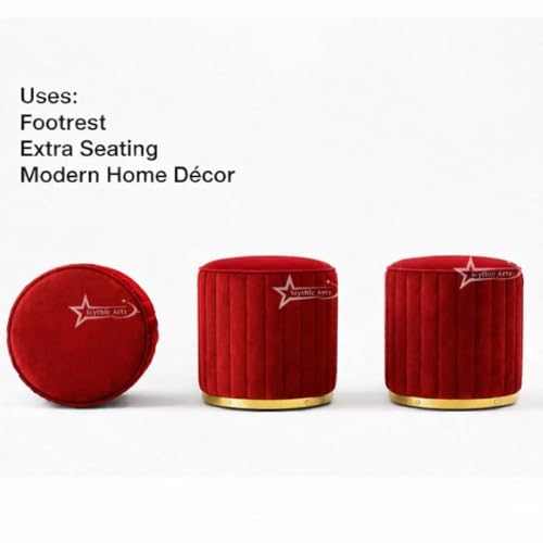 Image of Upholstered Round Linen Strip Stool Living Room Foot Rest Office Stool Pouf Ottoman Padded Seat - RED