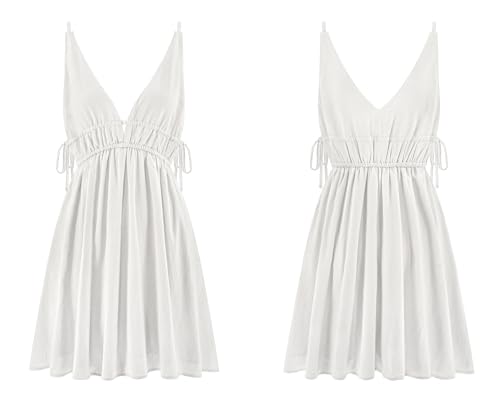 Image of R.Vivimos Boho Dresses for Women 2026 Summer Sleeveless Sexy Deep V Neck Elastic Waist Sides Drawstring Tie Casual Mini Dress