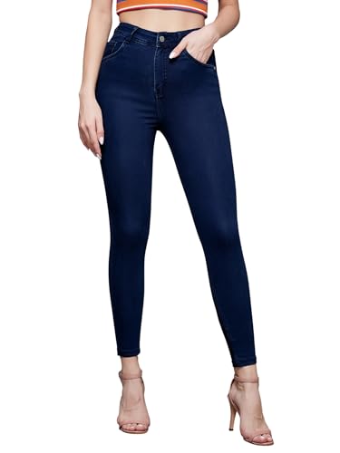 Image of Miss Chase Women's Skinny High Rise Cropped Fringed Hemline Detailing Stretchable Denim Jeans