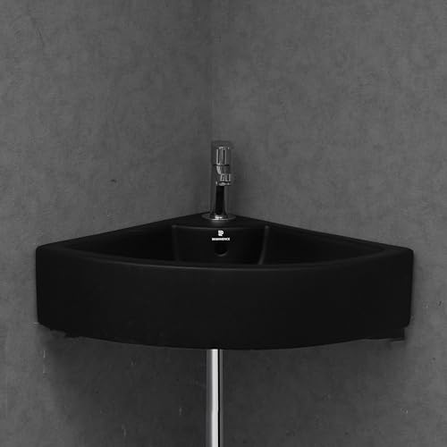 Image of REMANENCE Ceramic Wall Hung Corner Wash Basin for Bathroom | Wall Mounted Corner Sink (20.4 x 15 x 6 Inch) (Black)