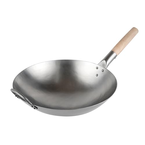 Motomori 14 Inch Hand-Hammered Carbon Steel Wok, 1 Traditional Japanese Wok - Round Bottom, Wooden Handle, Black Carbon Steel Traditional Stir Fry Pan, With Helper Handle - Restaurantware by Restaurantware - Used condition - US$33.93