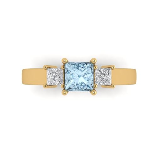 1.11 ct Princess Cut Natural Aquamarine 14k Yellow Gold Three-Stone Wedding Engagement Bridal Promise Ring