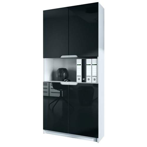Vladon Büroschrank Logan V2, Made in Germany, Aktenschrank mit 5 Fächern und 4 Türen, Weiß matt/Schwarz Hochglanz (82 x 184 x 37 cm)