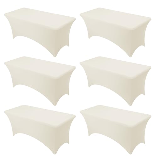 Dailyset 6-Pack Premium Cream Spandex Tablecloths for 6ft Rectangle Tables, Stain & Wrinkle-Resistant, Washable Stretch Polyester Fitted Table Cover for Weddings, Banquets, Trade Shows Events