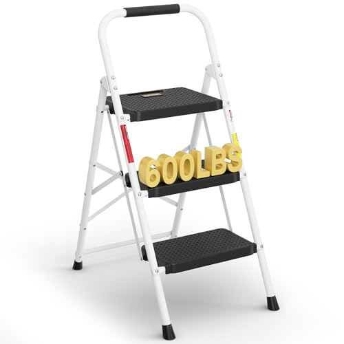 BONTEC 3-Step Ladder, Folding Step Stool, 600lbs Max Load Capacity, Sturdy Steel, Non-Slip Pedals, Lightweight, Portable Steel Ladder with Convenient Handrail, Safety Design for Home & Work,