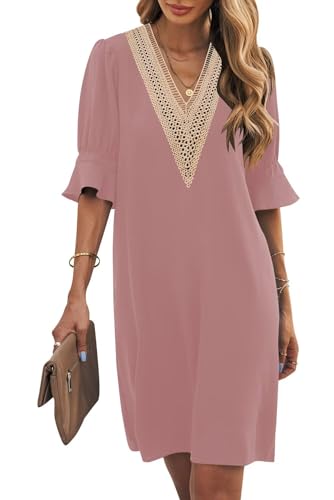 Wkior Robe à manches courtes pour femmes avec col en V, bordure en dentelle, décontractée, ample, fluide, à porter balayante, grise rose, taille XL