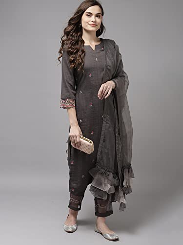 Image of INDO ERA Women's Poly Chiffon Embroidered Straight Kurta With Pant & Dupatta Set (RRRRR8075)