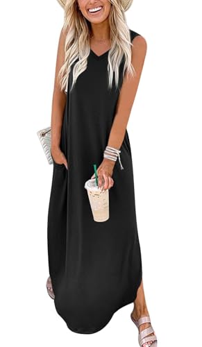 Image of DouBCQ Women's Summer Maxi Casual Sundress V Neck Sleeveless Long Dresses with Pockets