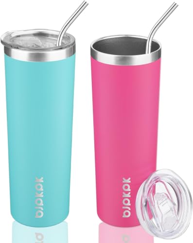 Image of BJPKPK 20oz Skinny Tumblers with Lid Insulated Travel Coffee Cup Stainless Steel Thermal Mug,Turquoise,Pink (Pack of 24)