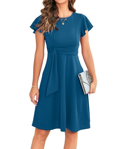 OWIN Party Dresses for Women 2025 Flutter Short Sleeve Crew Neck A-line Evening Cocktail Dress Business Casual Work Midi Dress Peacock Blue S