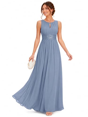 Image of Ever-Pretty Women's Chiffon Sleeveles Summer Formal Wedding Guest Dresses Ruched A Line Hollow Out Crew Neck Bridesmaid Dress